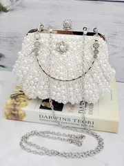 バッグ レディース ドレスバッグ 真珠装飾 ホワイト クラッチバッグ レディース、ビーズ付きイブニングバッグ、パーティー、結婚式、フォーマルイベントに最適なハンドル付きウェディングクラッチ、パーティー、結婚式、フォ