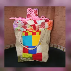 使い方いろいろ♪手縫いパッチワーク☆昭和モダン☆巾着型☆ミニ☆トートバッグ