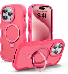 ★UEEBAI 対応 iPhone 16 Pro 用の ケース 半透明 TPU ウェーブデザイン スマホケース 可愛い 人気 おしゃれ ケース Magsafe対応 横縦両立 薄型 軽量 マグネット搭載 波型 バンパー スマホケース - ホットピンク