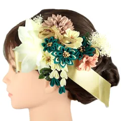 髪飾り リボン 卒業式 袴 花 ２点セット 青 緑 白 ピンク ゴールド ちりめん 藤下がり 組紐 造花 カスミソウ ビーズ コーム U No.9-5189