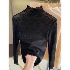 ☆ ブラック ☆ Lサイズ ☆ ファンデーションインナー レース 透ける シースルー トップス 長袖 シアートップス チュールトップス レーストップス 透け感 レディース 小花柄 ハイネック ボトルネック メッシュ レイヤード 重ね着 インナー カットソー