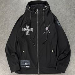 Y2K 平成 Roen ロエン ジップアップ ジャケット ブルゾン スカル 骸骨 十字架 フード内蔵 ロゴ ワッペン 刺繍 ブラック 黒 メンズ L