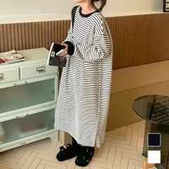 長袖ボーダーワンピース レディース 10代 20代 30代 韓国ファッション カジュアル 春 秋 冬 シンプル 可愛い ロング丈 黒 裏起毛 暖かい