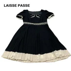 【LAISSE PASSE/レッセパッセ】ワンピース プリーツワンピース パーティードレス 半袖ワンピ ひざ上 膝丈 ブラック×ベージュ 黒 お呼ばれ（中古）