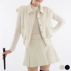 ゴルフウェア セットアップ レディース 韓国 ベスト スカート Aライン 秋冬 ラメ 柄 秋 冬 黒 白 ミニスカート 襟付き ツイード チェック柄 おしゃれ ゴルフ女子 大人 ゴルフ スポーツ テニス