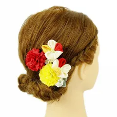 髪飾り 成人式 つまみ細工 赤 振袖 前撮り 袴 浴衣 夏祭り 花火大会 豪華3点セット 黄色 白 ちりめん ヘアアクセ かんざし ヘ No.9-3601