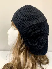 ハンドメイド　オーガニックコットン　ブラック　ベレー帽　ビーニー　編み物　帽子