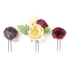 髪飾り 成人式 振袖 前撮り 袴 3点セット 花 紫 オフホワイト 臙脂 かすみ草 リーフ 葉 Uピン スモーキーカラー シック 小さい No.9-5153