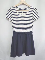 ◇ ⊂ NATURAL BEAUTY BASIC ボーダー ドッキング 半袖 膝丈 ワンピース サイズM ネイビー レディース E  【1409240039662】