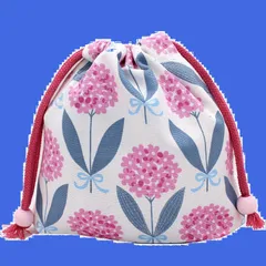 お名前タグ付き マチあり マチあり シンプル モチーフ 手作り 日本製 花柄 保育園 幼稚園 小学校 あじさい コップ袋 女の子 ブルー 小 巾着袋 S 給食袋 miwaki