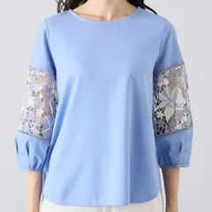 ルクオーレ 袖３色レース切替 プルオーバー 八分袖  ネイビー　ライトパープル　　SFLUCT130