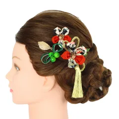 髪飾り 成人式 水引 つまみ細工 赤 振袖 前撮り 袴 花 3点セット オレンジ 朱色 白 ゴールド ちりめん 房 房付き 組紐 和柄 か No.9-5113