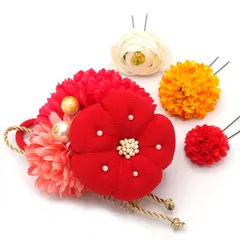 髪飾り ４点セット 京都 西陣 和小物 京あそび 成人式 花 ぷっくり梅 赤 和風 浴衣 着物 振袖 袴 結婚式お呼ばれ 七五三 子供 キッズ ヘアアクセサリー コーム 髪留め 大きめ 日本製 送料無料 W 75 CM-OM-5102 u995　Si