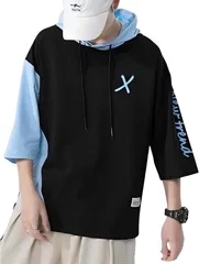 aspersio アスペルシオ オシャレ パーカー 英語柄 切り替え シルエット 七分袖 スケーター ファッション メンズ 夏用 半袖 春夏 大人 トップス スポーツ ストリート系 涼しい 通気 速乾 アウトドア(ブラックブルー,  2XL)