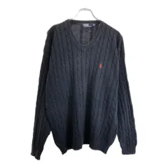 90年代 Polo by Ralph Lauren ポロ ラルフローレン ケーブルニットセーター ネイビー(メンズ L)中古 古着 v2105