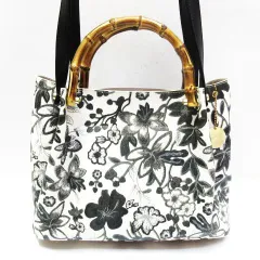 美品  SALON de RUBAN バンブーハンドル 2way バッグ  サロン ド ルヴァン  ボタニカル モノトーン  チャーム付 ハンドバッグ ショルダーバッグ   ホワイト×ブラック×グレー レディース  E319LF