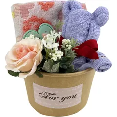 【新着商品】ナチュラル フラワー カップ タオル ギフト ウォッシュタオル ＋ タオルベア ＋ バラ 贈り物 プレゼント 母の日 お祝い お返し 出産 結婚 引っ越し もらってうれしい 喜ばれる 使える 飾れる タオルの萩原 wt-cup-gift (ガーデン