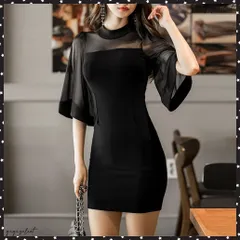 ミニドレス 黒タイトワンピース セクシーボディコンワンピース フレアスリーブ 無地 ミニ丈クラブドレス 安いナイトドレス ハイウエスト 胸元シースルーワンピースお洒落きれいめ韓国 細身ショートドレス スリムキャバクラ服