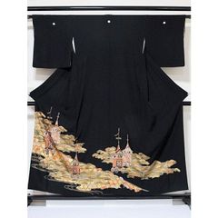 黒留袖 正絹比翼 刺繍 祇園祭絵図 垣に流に松 153cm前後ベスト 美品 ガードタグ