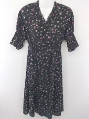 ◇ ◎ one after another NICE CLAUP 花柄 五分袖 膝下丈 ワンピース サイズF ブラック レディース  【中古】 【1203230004957】