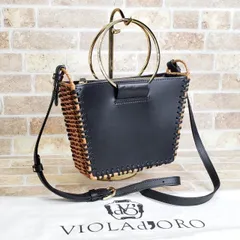 ヴィオラドーロ ☆ ラタン レザーコンビ メタルハンドル ショルダーバッグ 黒 ブラック VIOLAd'ORO