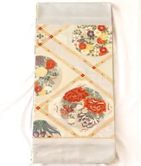[KO]未使用 袋帯 牡丹模様 菊文模様 となみ帯 西陣織 本金箔 生絹 花柄 花 鶴 六通柄 着物 未仕立て 縁起物 結婚式 入学式 お祝い