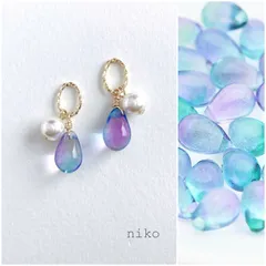 ◆ 317 ブルー パープル しずく ガラス パール ピアス イヤリング ◆ 再販 人気 上品 シンプル 小ぶり プチプラ ハンドメイド