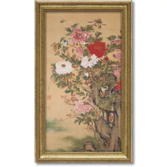 作者名不詳 絹本彩色画 花鳥図【 牡丹の花に蜂図 】 額装仕立て 作者名不詳 絹本彩色画 花鳥図【 牡丹の花に蜂図 】 額装仕立て