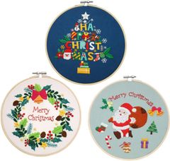 クリスマス 刺繍キット 3種類 20cm 北欧 サンタクロース クリスマスツリー クリスマスリース 刺繍枠 刺しゅう枠 図案 初心者