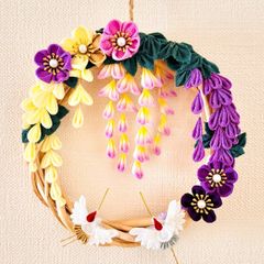 ゴールデンシャワー　黄藤　藤の花　リース　つまみ細工　鶴　ハンドメイド