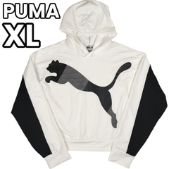【オーバーサイズ✨フロントロゴ】　PUMA　プルオーバーパーカー フーディ バイカラー ビッグロゴ　白　XL
