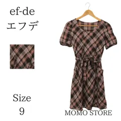 ef-de エフデ ワンピース ひざ丈 半袖 フレア リボン レディース ピンク ブラウン チェック 9 日本製