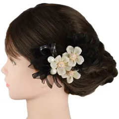 髪飾り 成人式 黒 オフホワイト 薄ピンク 振袖 前撮り 袴 花 レース 組紐 パールビーズ 小さい 3点セット ナチュラル ヘッドド No.9-5457