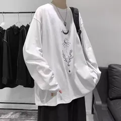 メンズロンTムーンフラワー（ホワイトM/L/XL/2XL/3XL/4XLサイズ）春秋レトロロゴ長袖Ｔシャツ洋服