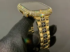 ゴールド★Apple Watchメタルバンド glassパヴェカバー アップルウォッチ ステンレスベルト クロスデザイン リンクブレスレット 画面保護ケース キラキラ メッキ 41mm42mm44mm45mm46mm49mm ultra ウルトラ
