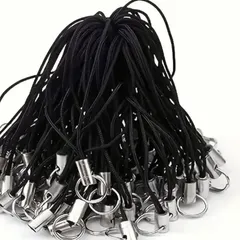 No.130【50個セット】ストラップパーツ 黒紐 銀色金具 二重リング付き 松葉ひも ハンドメイド