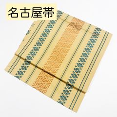 博多織 名古屋帯 献上柄 正絹 松葉仕立て 一重太鼓 美品 生成りに青紫