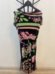 【極美品】LEONARD FASHION レオナール 花柄 ワンピース ブラック×ピンク系 ゴールドチェーン付き サイズ36