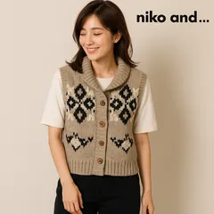 AB0385 niko and… ノルディック柄 ウール100％ ニットベスト ショールカラー ベージュ系 レディースFサイズ 秋 冬