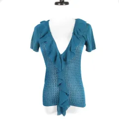 イネド INED サマー ニット カーディガン カットソー 半袖 Vネック フリル コットン ざっくり レース 9 青 ブルー トップス /TYM