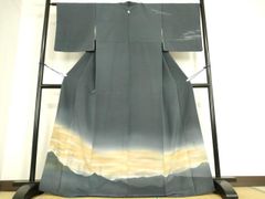 仮絵羽 夏 訪問着 海辺の風景文様 付下げ 灰藍色 浜縮緬 単衣 未仕立