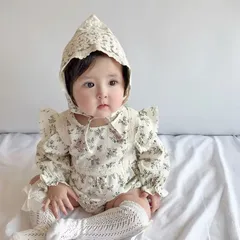 春素材 20%割引対象 秋 韓国子供服　ベビーロンパース　カバーオール ボンネットセット　6-12mouth リトルブルーム韓国子供服