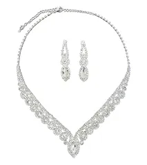 イヤリングセットシルバー ラインストーン ネックレス イヤリング又はピアス２点セット 結婚式 パーティー お呼ばれ 謝恩会 (イヤリングセットシルバー)