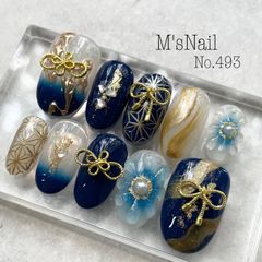 ネイルチップ 成人式 振袖 和柄 和装 着物 グラデーション 花 フラワー ぷっくりフラワー 和柄 青