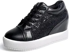 aspersio アスペルシオ 可愛い インヒールスニーカー レースアップ 厚底 お洒落 靴 レディース シューズ(レース ブラック,  23.5 cm)