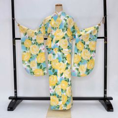 二尺袖 単品 卒業式着物 水色 黄色 裄68cm Lサイズ  袴用着物 化繊 中古 4580