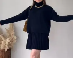 【ネイビー】ニットセットアップ ツーピース ニット タートルネック ゆったり 秋冬 新作