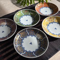 献上古伊万里 取り皿5枚 中皿 豪華 和食器 唐草 金彩 赤 青 黄 緑 紫