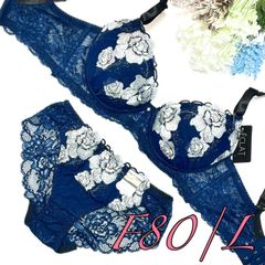 （935701）脇高ラメ入り大花刺繍ブラ＆ショーツセット【F80/L】 ネイビー