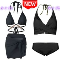 ✨新作✨ 高級感 ブラック ビキニ 水着 2タイプ クロス/ビジュー 体型カバー S/M/L/XL 黒 ワイヤー 盛れる ホルターネック セクシー ビーチ リゾート サロペ付き 大人 夏 海